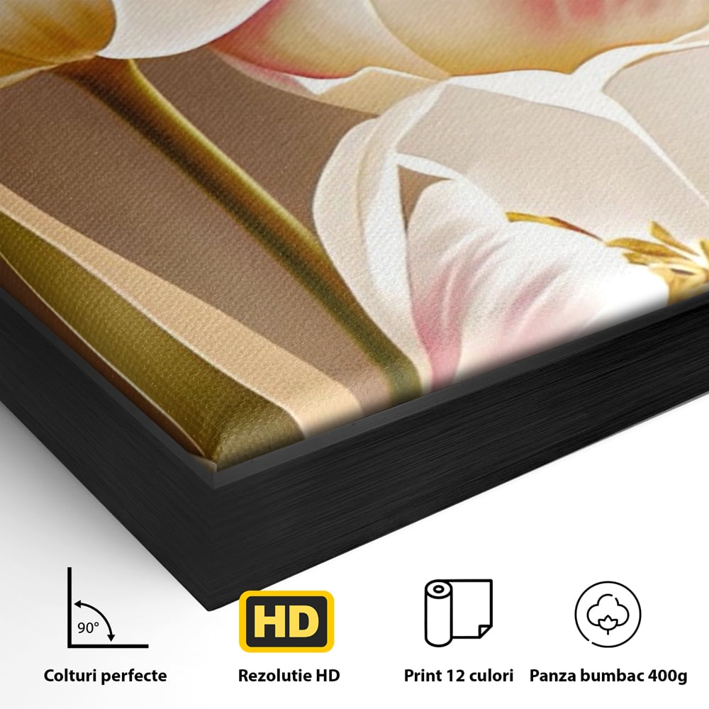 Detaliu al suprafetei: tablou canvas cu trei lalele, in rama de aluminiu negru